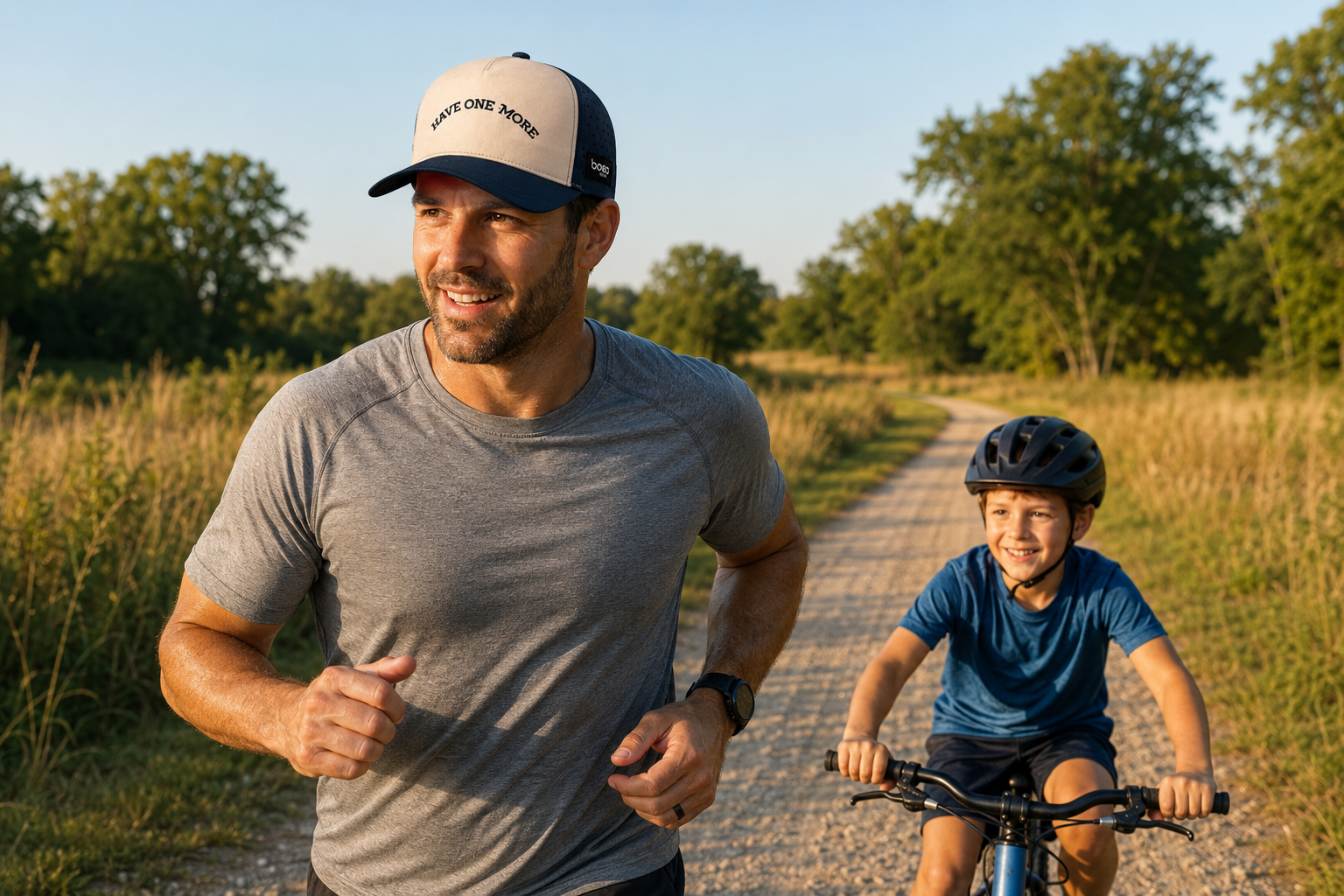 Father running beside his son in the Have One More BOCO Running Trucker Hat